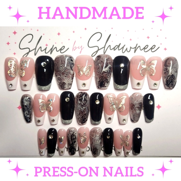 Handmade Luxury Press-On Nails | Sturdy & Reusable | SMOKE & BUTTERFLIES - Picture 1 of 8